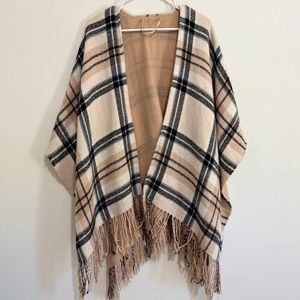 Women’s Beige Plaid Open Front Fringe Poncho Shawl